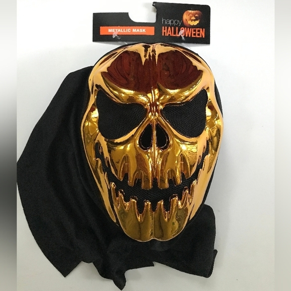 Halloween Gold Skull Mask Metallic Shiny Face Hooded Costume Scary Skeleton NWT - Picture 1 of 1